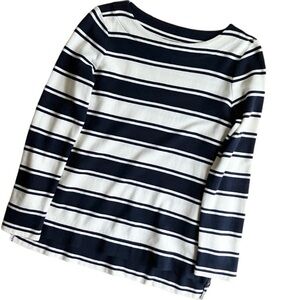 T Talbots Sp Blue White Stripe Breton Top Heavy Jersey Slight High Low Side Zips
